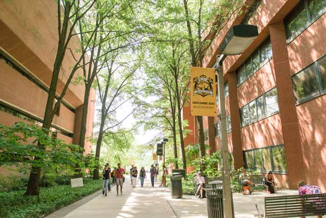 A view of the UMBC campus from academic row